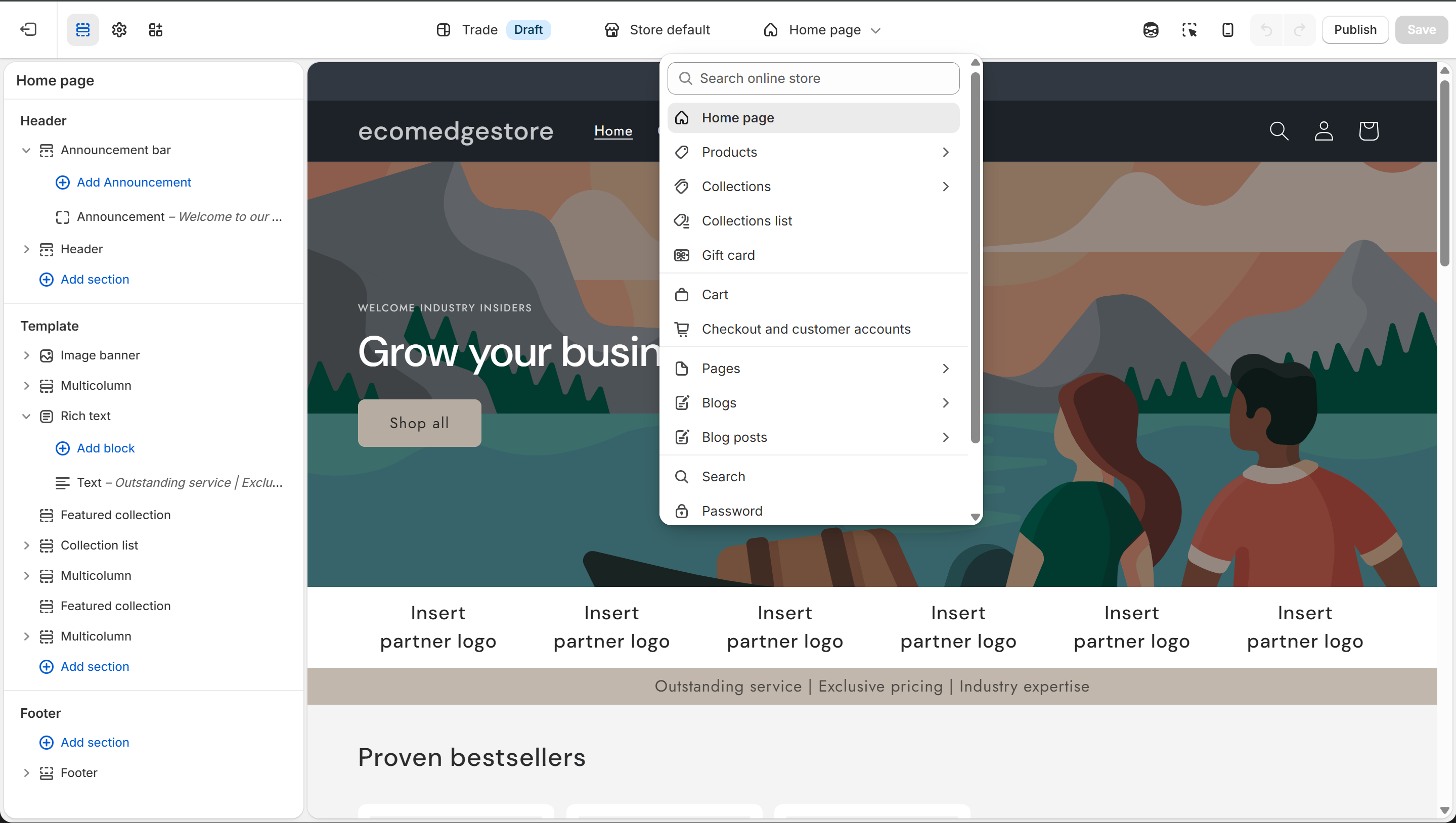 Page navigation — all editable page types